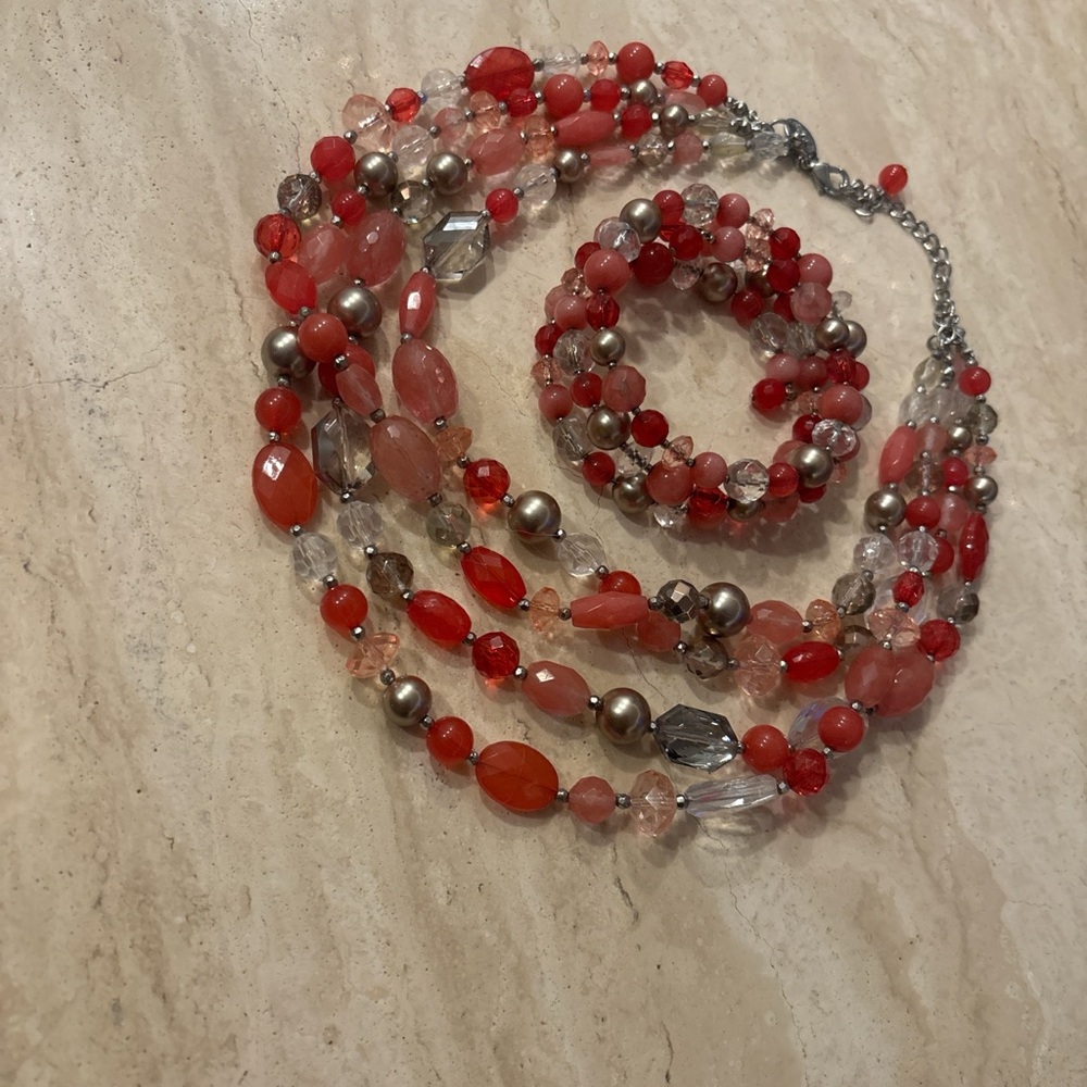 Elegant Red and Silver Beaded Necklace and Bracelet Set